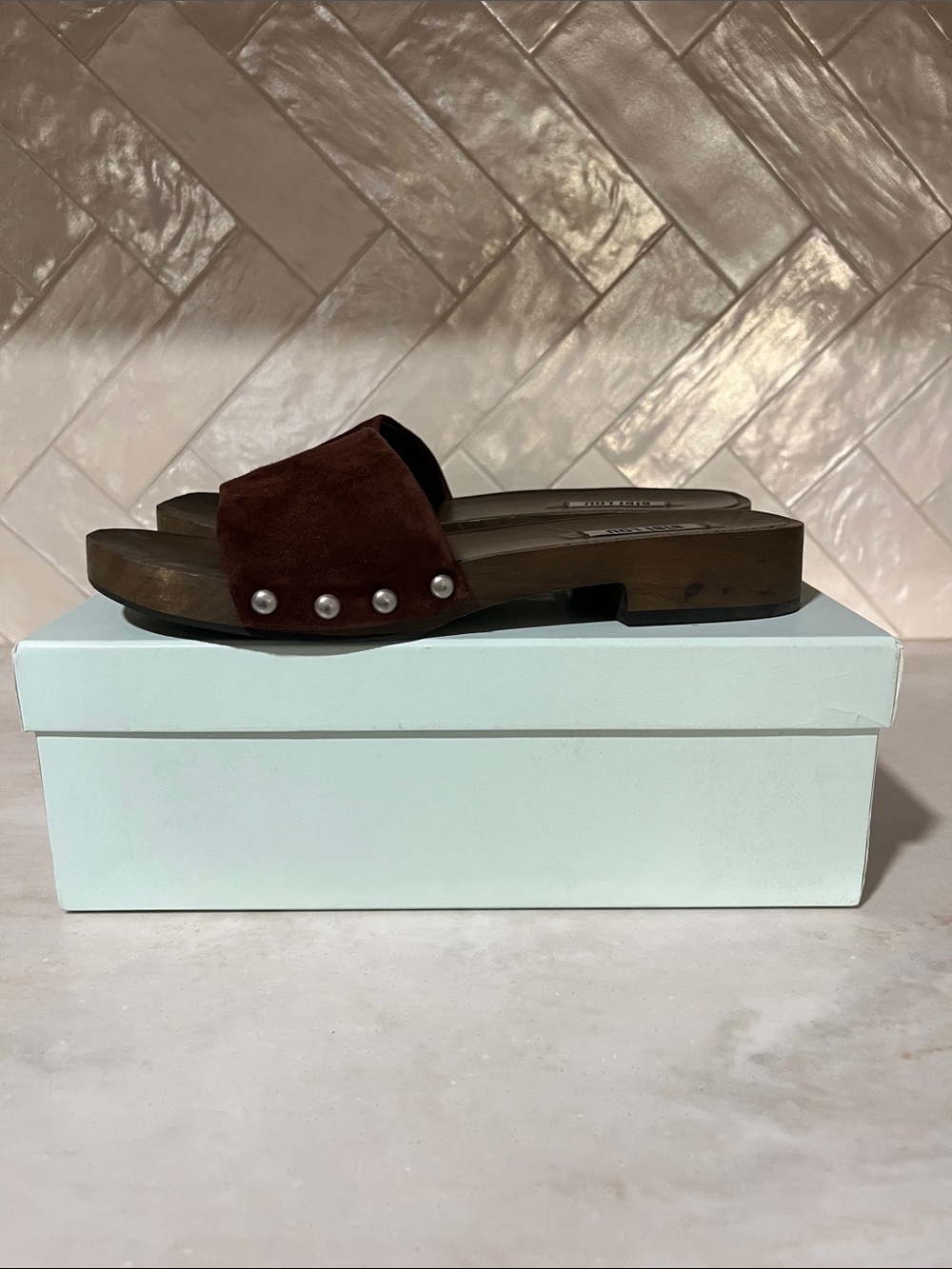Pearl-Stud Suede Slide Mules - Brown